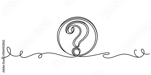 A single continuous line drawing of a question mark inside a circle on a plain white background