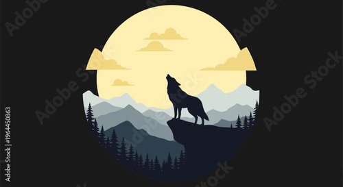 Majestic wolf howling at the full moon in a serene mountain landscape.