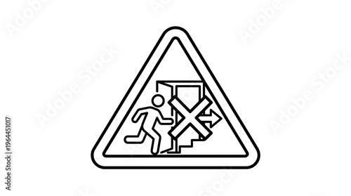 Warning sign with a person running towards a blocked emergency exit, indicating obstruction, isolated white background.