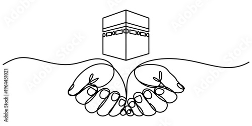 Minimalist continuous line drawing of hands held together in prayer beneath the holy kaaba icon