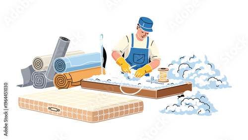 Mattress Artisan: A skilled artisan meticulously crafts a mattress. Rolls of fabric and soft padding are meticulously arranged around a central workspace.
