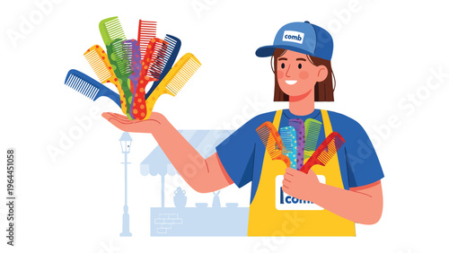 The Comb Artisan: A skilled vendor presents an array of colorful combs, symbolizing beauty, style, and care.