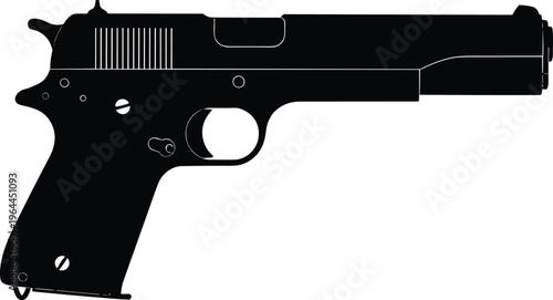 Black silhouette of a semi automatic handgun pistol isolated on white background for security defense military law enforcement and tactical shooting sports design