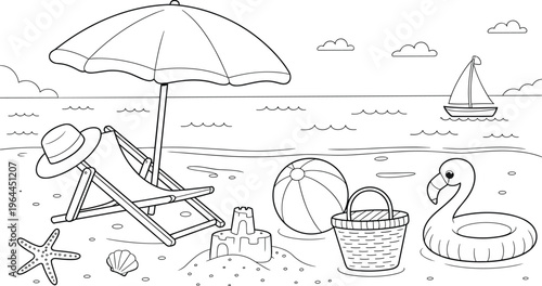 Summer beach scene with umbrella chair sandcastle and inflatable flamingo, relaxing seaside vacation outline, cad drawing flat vector illustration