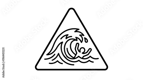 Tsunami Hazard Warning Sign with Person Caught in Large Wave, isolated white background.