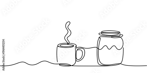 A minimalist single continuous line drawing of a hot cup of coffee beside a jar of fresh honey.