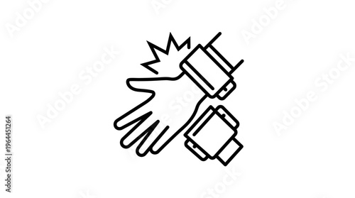 Electrical Shock Hazard Warning Icon with Hand Touching Device and Lightning Bolt, isolated white background.