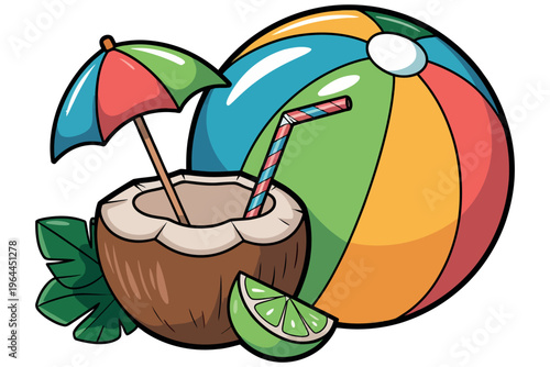 A vibrant beach scene featuring a beach ball coconut drink and umbrella