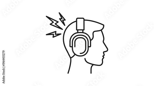 Hearing Damage Hazard Warning Icon with Person Wearing Headphones and Lightning Bolt, isolated white background.