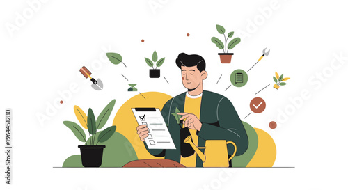 Man checking gardening checklist with plants and tools.