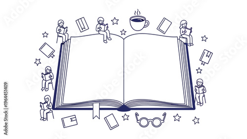 World of literature: a visually rich illustration of books, coffee cups, people, and glasses, celebrating the realm of imagination, knowledge, and community around a single volume. 