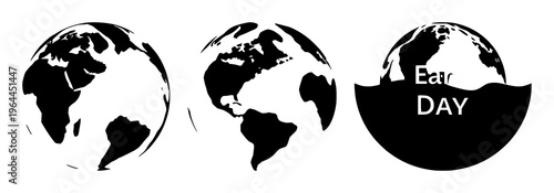 Solid black icon, white background: earth day planet globe set with simple line art design featuring outline, illustration, graphic elements with clean design and vector art