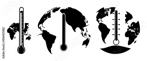 Solid black icon, white background: climate change global thermometer set with simple line art design featuring simple design, minimalist, black and white with illustrations and graphics
