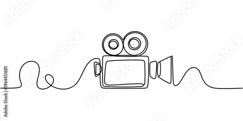A continuous single line drawing of a vintage film camera on a simple white background design.