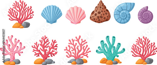 Colorful underwater coral reef collection with seashells and marine elements cartoon style ocean life vector illustration set