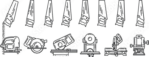 Set of hand saw and power saw line icons isolated on light background, woodworking tools collection for carpentry, construction, cutting equipment, vector illustration pack