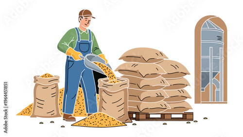 Farmer's Harvest: A hardworking farmer meticulously fills sacks with freshly harvested grain, a symbol of abundance and labor.