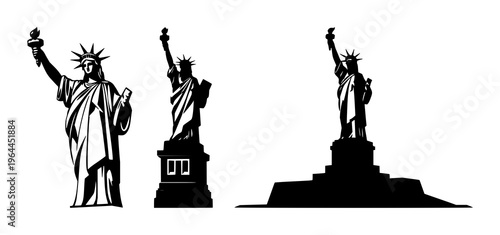 Solid black icon, white background: landmark Statue of Liberty set with simple line art design featuring outline, illustration, graphic elements with clean design and vector art