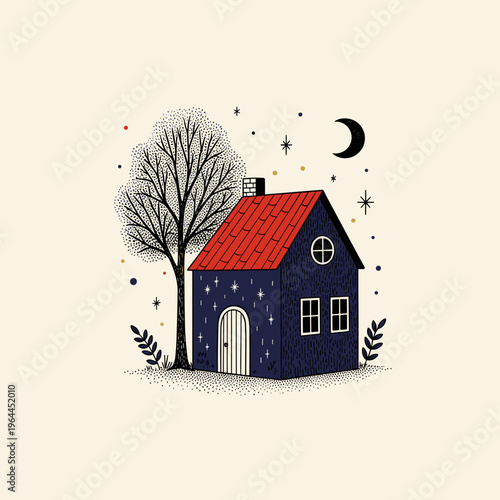 Folk style house with red roof tree and moon night illustration