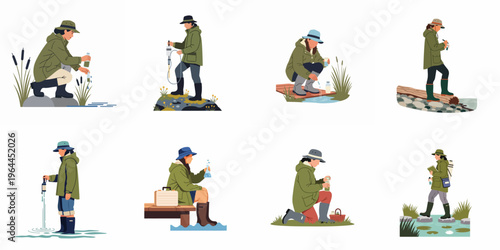 Set of illustrations depicting a female ecologist collecting water samples and performing environmental research in various outdoor aquatic settings.