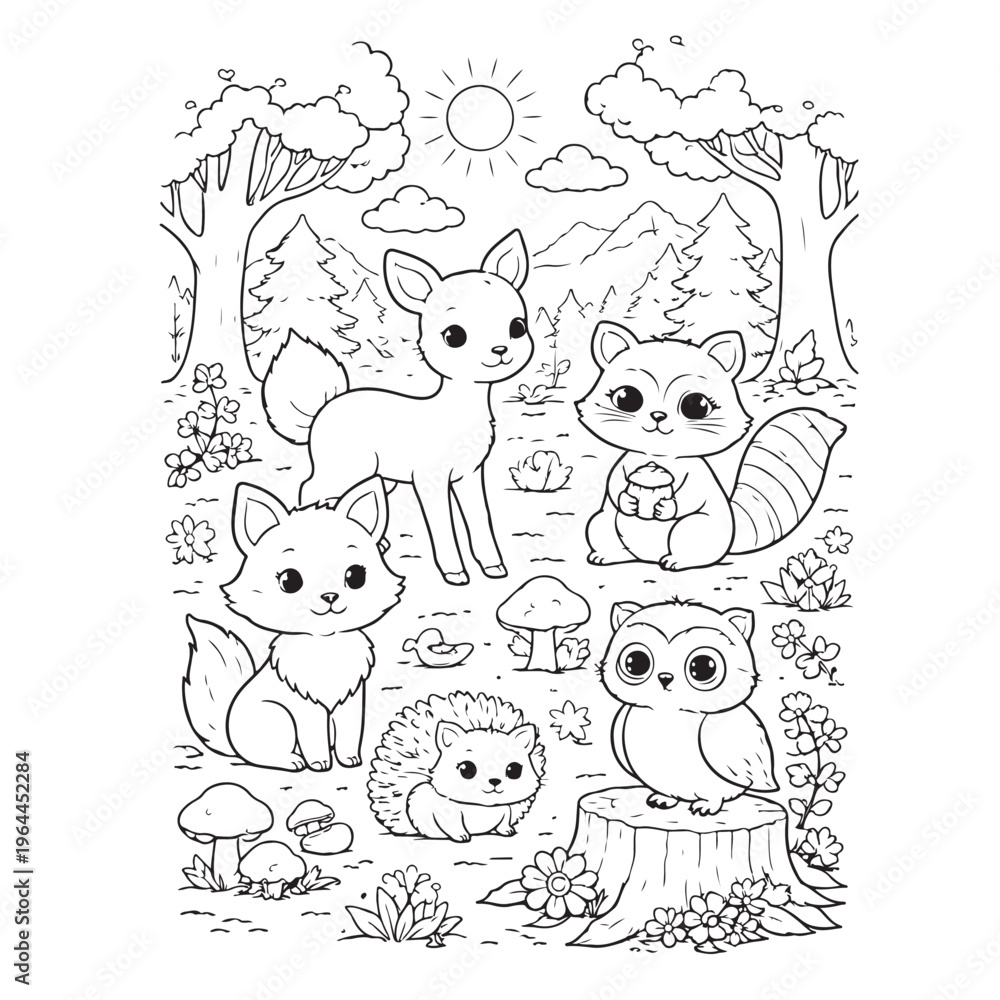 Fototapeta premium Woodland Animals Coloring Page – Cute Forest Nature Fun for Kids