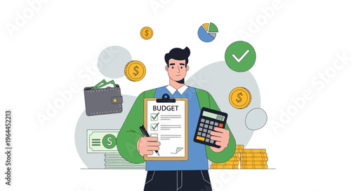 Man holding budget checklist and calculator managing finances.