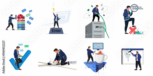 A collection of eight flat vector illustrations depicting a male programmer engaged in various software development, debugging, and network maintenance tasks.