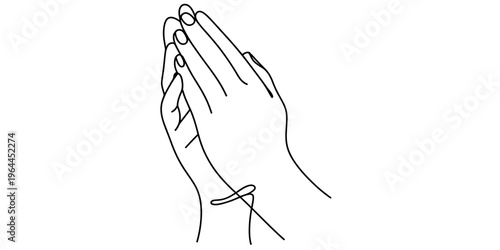 Minimalist continuous line drawing of two human hands pressed together in a prayerful gesture