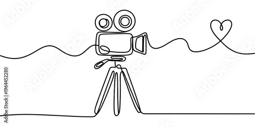 A single continuous line drawing of a vintage video camera on a tripod ending with a heart shape