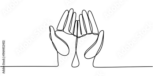 A minimalist single line drawing of human hands held together in a gesture of care and support