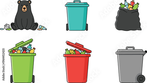 Vector collection of waste management icons featuring colorful trash bins recycling bags and a bear with litter.