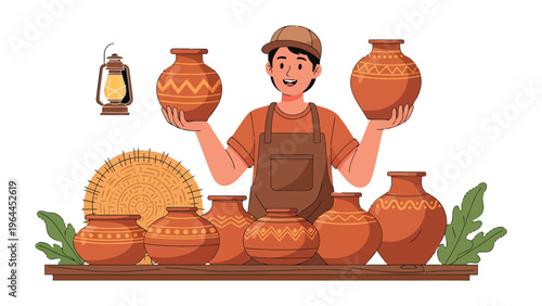 Potter's Artistic Display: A skilled artisan proudly showcases his handcrafted pottery, each piece a testament to his artistry, craftsmanship and dedication.