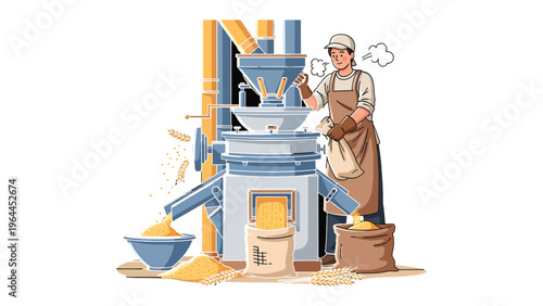 Mill Operation Illustration: A detailed illustration showcases a mill operator in a grain mill environment, overseeing the process of grain milling, with wheat and grain products. 