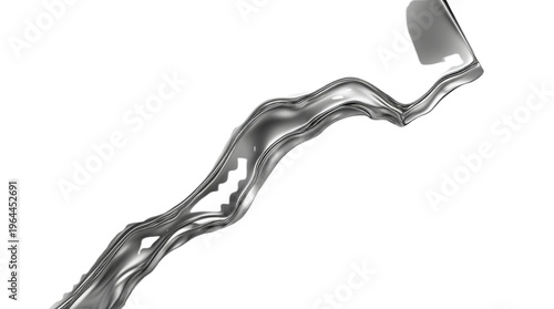 Abstract liquid metal trail on transparent background with smooth silver texture and reflection.