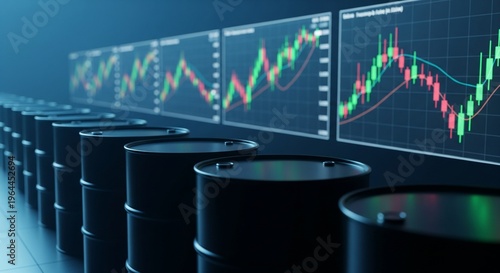 Row of black oil drums in foreground with financial stock market graphs on screens in background concept for energy trading