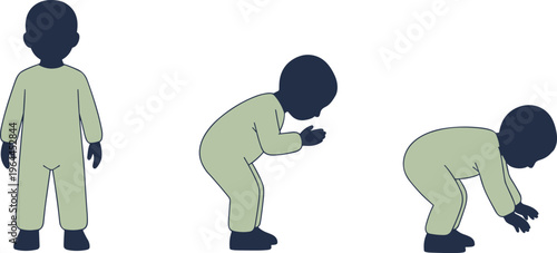 Flat vector illustration set of a toddler boy character in green pajamas performing standing bending and reaching movements isolated on white background