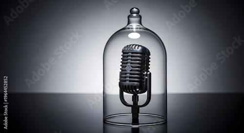 Vintage microphone encased in a glass bell jar on a dark background, symbolizing censorship, restricted freedom of speech, and silenced voices in media and communication