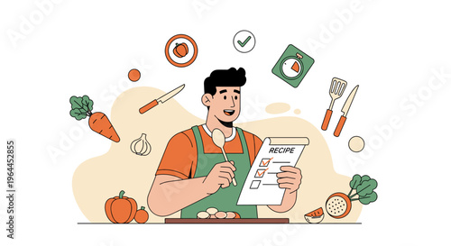 Man in apron checking recipe list surrounded by cooking ingredients.