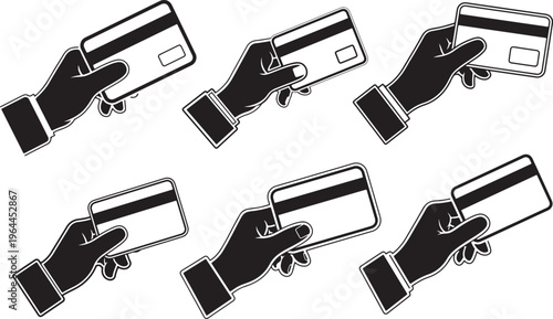 Set of six hands holding credit cards, stylized black and white icons for financial transactions and purchases, digital payment, e commerce, magnetic stripe, contactless payment