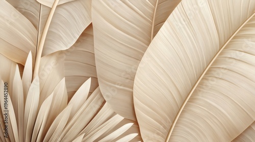 Beige tropical leaves creating a modern minimalist background pattern