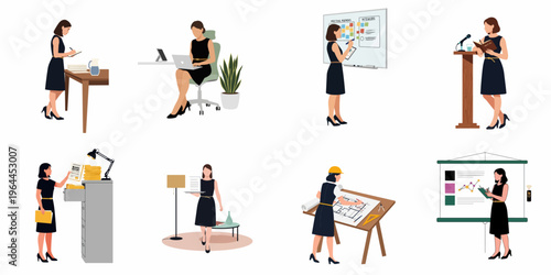 Set of illustrations depicting a professional businesswoman performing various office tasks like presentations, meetings, filing, architectural planning, and laptop work.