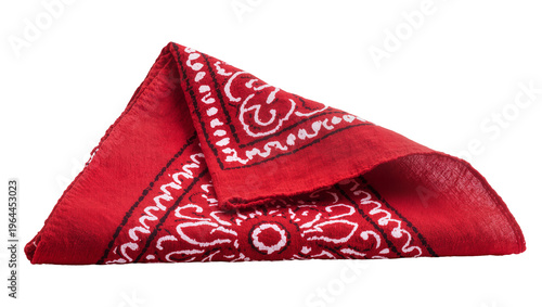 Foto Isolated folded red cotton bandana with classic white and black paisley pattern