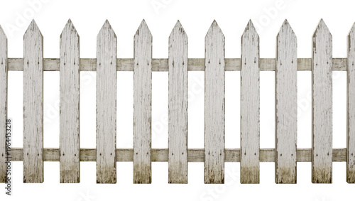 Bild auf Leinwand Isolated weathered old white wooden picket fence with peeling paint, rustic text