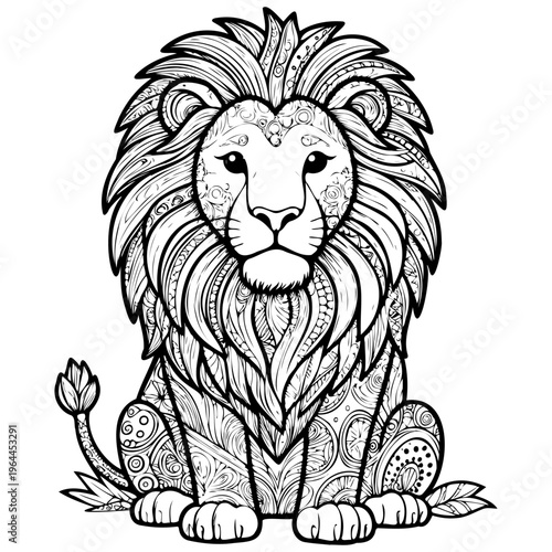 Illustration of a majestic lion, made in the popular zentangle and anti-stress line art styles. Clear black outlines on a white background