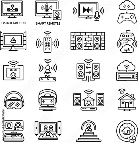 Large collection of smart technology icons: TV integration, VR headset, wireless speakers, smart remote, and home automation systems.