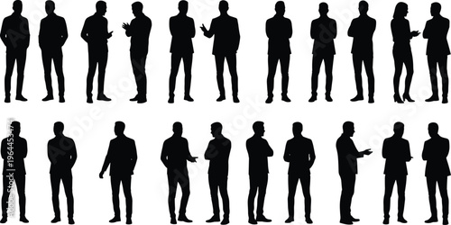 Large collection of black silhouettes of business people standing in different poses for corporate meeting office discussion professional group seminar 