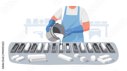 Production Process of the substance: An illustration depicts a meticulous step in a production line, where a worker, meticulously pours liquid into molds.