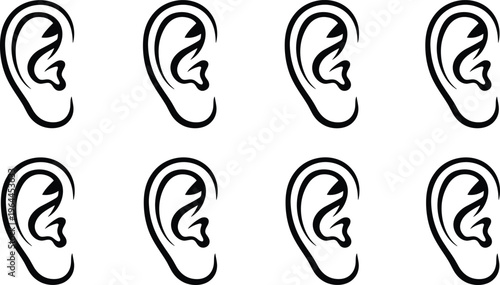 Set of black and white human ear icons in a minimalist vector style isolated on white background for hearing aid and medical design