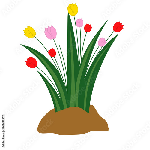 A vibrant vector illustration depicts a lush spring or summer meadow brimming with colorful wildflower,. Various pink, blue, and yellow blossoms are interspersed among rich green grass and foliage. Th