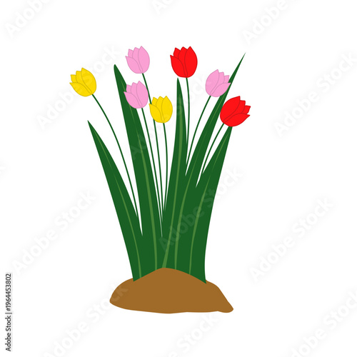 A vibrant vector illustration depicts a lush spring or summer meadow brimming with colorful wildflower,. Various pink, blue, and yellow blossoms are interspersed among rich green grass and foliage. Th